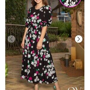 Valentina‎ Sirrah Women's Dress (GG US/XL) Black Floral Elastic Waist Brazil